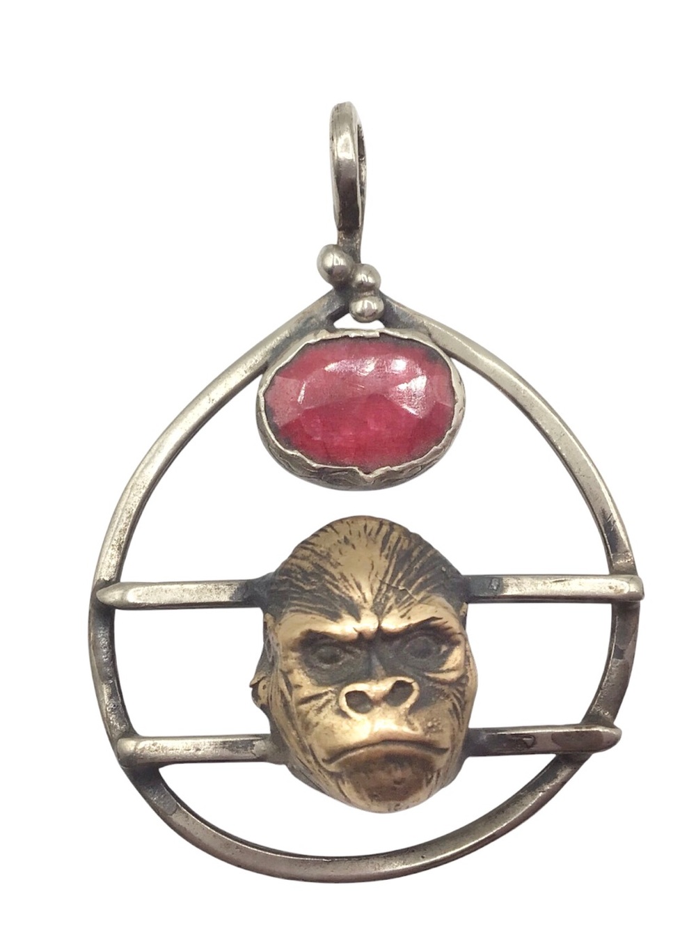 Vintage Ottoman Gorilla Pendant, Silver-Tone Red Stone Ape Charm, Artisan